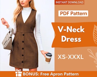 May include: A brown sleeveless V-neck dress with a button-down front, worn over a white long-sleeve turtleneck. The image includes text: INSTANT DOWNLOAD, PDF Pattern, V-Neck Dress, XS-XXXL, and BONUS: Free Apron Pattern.