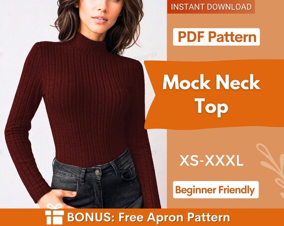 Mock Neck Top Sewing Pattern | Long Sleeve Shirt Top Pattern | Womens mock neck top | Sewing Patterns | Women Patterns | Fitted Top Pattern