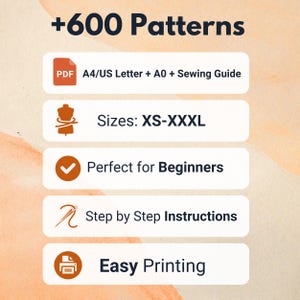 K&ouml;nnte beinhalten: Eine digitale Grafik mit dem Text +600 Patterns, gefolgt von f&uuml;nf wei&szlig;en rechteckigen Feldern mit Symbolen und Text: PDF A4/US Letter + A0 + Sewing Guide, Sizes: XS-XXXL, Perfect for Beginners, Step by Step Instructions und Easy Printing.