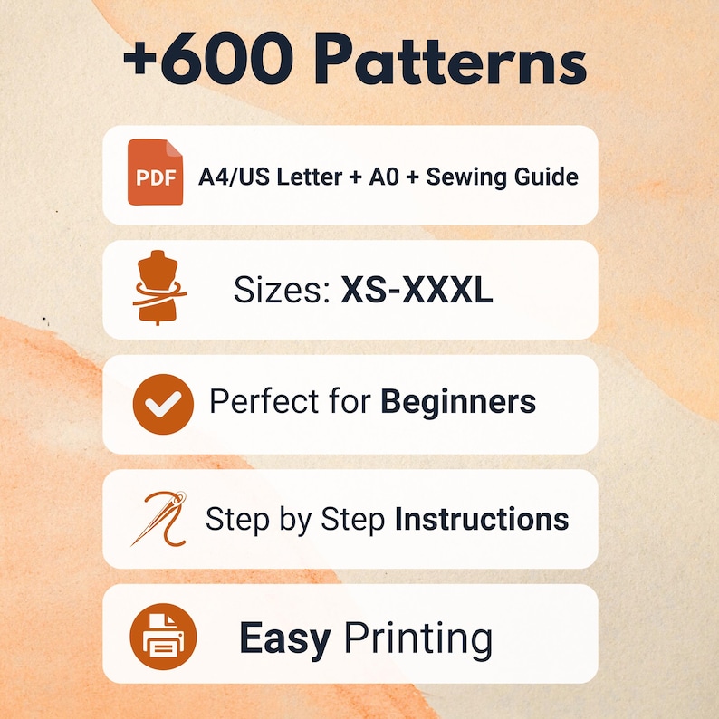 K&ouml;nnte beinhalten: Eine digitale Grafik mit dem Text +600 Patterns, gefolgt von f&uuml;nf wei&szlig;en rechteckigen Feldern mit Symbolen und Text: PDF A4/US Letter + A0 + Sewing Guide, Sizes: XS-XXXL, Perfect for Beginners, Step by Step Instructions und Easy Printing.