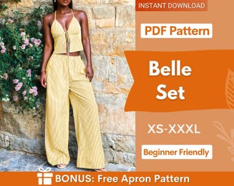 Front Tie Top & Wide Leg Pants Sewing Pattern | Top Sewing Pattern | Sewing Pattern Women | Wide Leg Pants Pattern | Top Pattern, Summer Set
