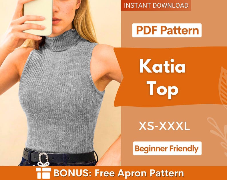 Tank Top Sewing Pattern | Mock Neck Top Pattern | Women Sewing Pattern Top | Turtleneck Top Pattern | Women Patterns | Fitted Top Pattern image 1