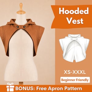 Può includere: Un gilet marrone con cappuccio dal taglio corto, dotato di una chiusura frontale con due bottoni scuri. L'immagine include il testo Hooded Vest, XS-XXXL, Beginner Friendly e BONUS: Free Apron Pattern, insieme a un disegno a linee bianche.