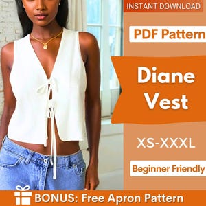 Può includere: Un gilet bianco senza maniche con scollo a V e due chiusure a laccio frontali. L'immagine include il testo: INSTANT DOWNLOAD, PDF Pattern, Diane Vest, XS-XXXL, Beginner Friendly e BONUS: Free Apron Pattern su uno sfondo arancione.