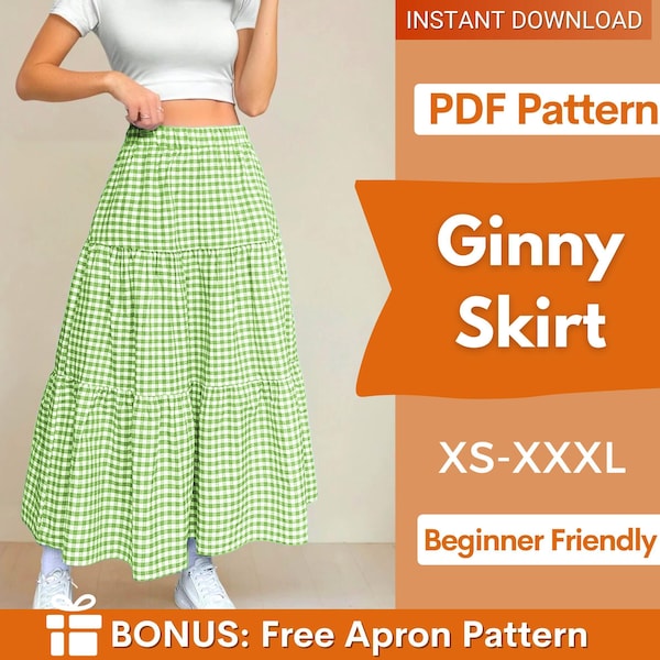 May include: A long, tiered skirt featuring a green and white gingham check pattern. The image includes text: INSTANT DOWNLOAD, PDF Pattern, Ginny Skirt, XS-XXXL, Beginner Friendly, and BONUS: Free Apron Pattern on an orange background.
