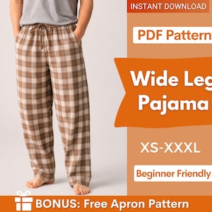 May include: Wide leg pyjama trousers with a brown and white plaid pattern, featuring a drawstring waist and side pockets. The text reads: INSTANT DOWNLOAD, PDF Pattern, Wide Leg Pajama, XS-XXXL, Beginner Friendly, BONUS: Free Apron Pattern.
