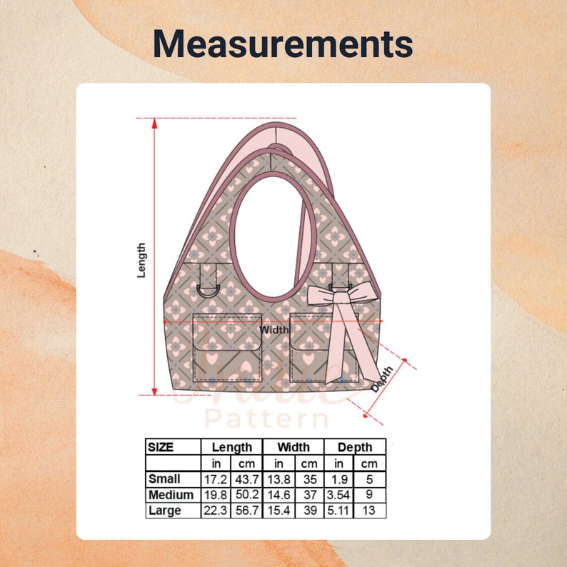 May include: A diagram of a tote bag with a repeating geometric pattern in shades of brown and pink. The bag features two handles, two front pockets, and a decorative bow. A measurement table lists dimensions in inches and centimeters for three sizes.