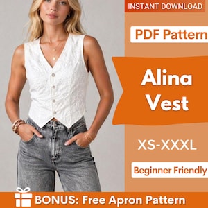 Op de afbeelding: Een wit mouwloos vest met een V-hals en knoopsluiting, voorzien van een ingewikkeld broderie anglaise patroon. De tekst op de afbeelding luidt: INSTANT DOWNLOAD, PDF Pattern, Alina Vest, XS-XXXL, Beginner Friendly, BONUS: Free Apron Pattern.