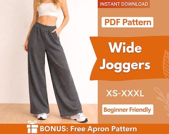 Może przedstawiać: Ciemnoszare szerokie spodnie dresowe z elastycznym pasem i kieszeniami bocznymi. Tekst na obrazku brzmi: INSTANT DOWNLOAD, PDF Pattern, Wide Joggers, XS-XXXL, Beginner Friendly, BONUS: Free Apron Pattern.