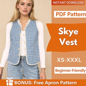 May include: A blue and white plaid vest with gold buttons and a cream-colored trim. The vest is worn over a white long-sleeved shirt and blue jeans. Text on the image reads "Skye Vest" and "PDF Pattern". The size range is XS-XXXL.