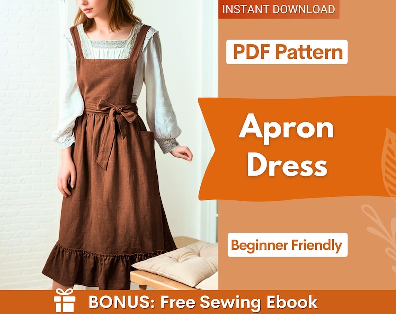 Patrón de vestido de peto - Patrón de delantal en PDF para mujer - Delantal elegante vintage para mujer - Patrón de costura - Patrón de peto - Patrón de vestido de estilo campestre imagen 1
