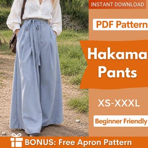 May include: A digital PDF pattern for wide-leg hakama pants in sizes XS-XXXL, featuring a light blue color. The text on the image includes INSTANT DOWNLOAD, PDF Pattern, Hakama Pants, XS-XXXL, Beginner Friendly, and BONUS: Free Apron Pattern.