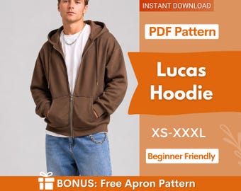 Zip Up Hoodie Sewing Pattern for Men, Men Hoodie Pattern, Sweatshirt Pattern Meen, Men Sewing Pattern, Men Patterns, Hoodie Patterns for Men