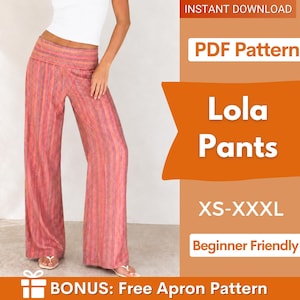 May include: A PDF pattern for Lola Pants in sizes XS-XXXL, featuring a wide-leg design with a fold-over waistband in a multi-coloured vertical stripe pattern. The digital document includes instructions for a beginner-friendly sewing project.