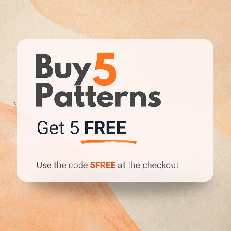 The image is a promotional advertisement for a product called "Buy 5 Patterns" that offers a free item when purchasing five of them.