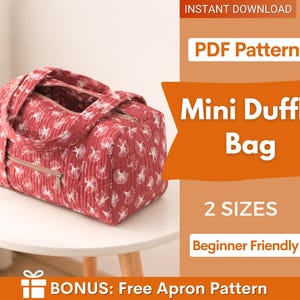 May include: A red mini duffle bag with a white seashell pattern, featuring a zip closure and two handles. The bag is on a white table. Text on the image says "Mini Duffle Bag", "PDF Pattern", "2 Sizes", and "Beginner Friendly".