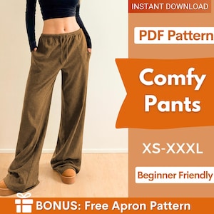 Könnte beinhalten: Braune Hose mit weitem Bein, elastischem Kordelzugbund und Seitentaschen. Das Bild enthält den Text: INSTANT DOWNLOAD, PDF Pattern, Comfy Pants, XS-XXXL, Beginner Friendly und BONUS: Free Apron Pattern.
