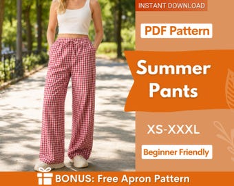 Peut inclure: Un patron PDF numérique pour un pantalon large à motif vichy rouge et blanc, doté d'une taille élastique à cordon de serrage et de poches latérales. Le graphique inclut le texte : INSTANT DOWNLOAD, PDF Pattern, Summer Pants, XS-XXXL, Beginner Friendly, BONUS: Free Apron Pattern.