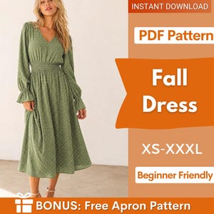 May include: An olive green midi dress with long sleeves, a V-neck, and a gathered waist. The dress has a dotted pattern. The image includes the text "Fall Dress", "XS-XXXL", and "Beginner Friendly".