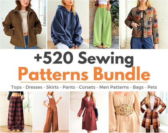 Shop Bundle +520 Patterns | Sewing Patterns | Women Patterns | Beginner Sewing Patterns, Dress Corset Pants Top Skirt Patterns