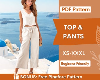 Summer Set Pattern | Top & Pants Sewing Pattern | Sewing Pattern Women | Wide Leg Pants Pattern | Top Pattern | Summer patterns | Button Top