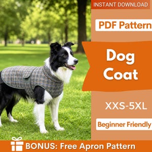 Puede incluir: Un perro blanco y negro con un abrigo para perros a cuadros grises y marrones. La imagen incluye el texto "Dog Coat" y "XXS-5XL". El fondo es un campo de hierba verde con árboles.