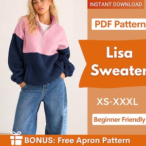 Könnte beinhalten: Ein farblich abgesetzter Fleece-Pullover in Rosa und Marineblau mit einem Viertel-Reißverschluss. Das Bild enthält auch den Text "Lisa Sweater" und "XS-XXXL". Das Bild enthält auch den Text "Beginner Friendly".