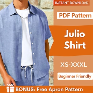 Patrón de costura de camisa para hombre, patrón de camisa de verano para hombre, patrón de camisa con cuello de campamento, patrón de camisa hawaiana, patrón de camisa para hombre con cuello con muesca