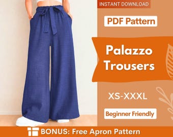 Palazzo Pants Sewing Pattern | Elastic Waistband Pants | Wide Leg Pants | Women Sewing Pattern | High Waisted Pants Pattern | Women Trousers
