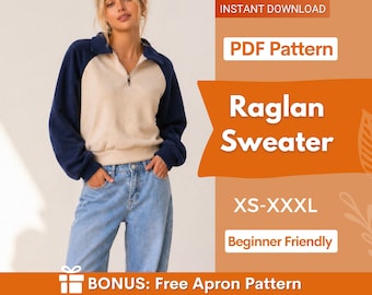Raglan Sweatshirt Pattern, Women Sweater Pattern, Zip Up Sweater Pattern, Women Sewing Pattern, Beginner Sewing Pattern Sweatshirt