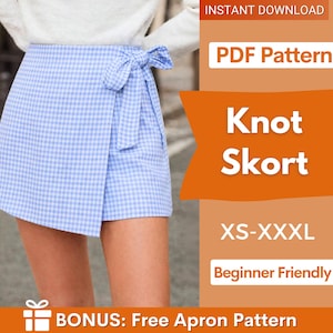 May include: A light blue and white gingham print wrap skirt with a bow detail. The image also includes text that says "Knot Skort", "PDF Pattern", "XS-XXXL", and "Beginner Friendly".