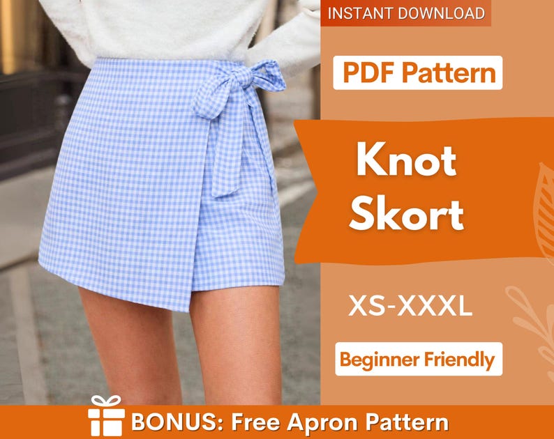 May include: A light blue and white gingham print wrap skirt with a bow detail. The image also includes text that says "Knot Skort", "PDF Pattern", "XS-XXXL", and "Beginner Friendly".