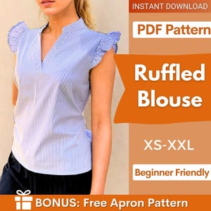May include: A blue and white vertical striped blouse with ruffled cap sleeves and a V-neckline. The image includes text: INSTANT DOWNLOAD, PDF Pattern, Ruffled Blouse, XS-XXL, Beginner Friendly, and BONUS: Free Apron Pattern.