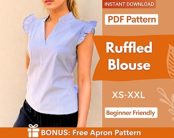 May include: A blue and white vertical striped blouse with ruffled cap sleeves and a V-neckline. The image includes text: INSTANT DOWNLOAD, PDF Pattern, Ruffled Blouse, XS-XXL, Beginner Friendly, and BONUS: Free Apron Pattern.