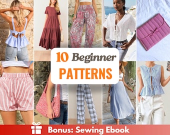 Paquete de 10 patrones de costura para principiantes / Patrones de costura fáciles / Patrones de costura para mujeres / Costura para principiantes / Patrones de vestidos, tops, faldas, pantalones y chaquetas