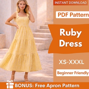May include: A yellow and white gingham midi dress with tie-shoulder straps and a tiered skirt. The text on the image reads: INSTANT DOWNLOAD, PDF Pattern, Ruby Dress, XS-XXXL, Beginner Friendly, BONUS: Free Apron Pattern.