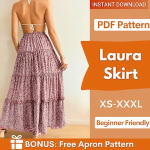 May include: A floor-length, tiered skirt in a dark maroon fabric with a small white floral pattern. The text on the right side reads: INSTANT DOWNLOAD, PDF Pattern, Laura Skirt, XS-XXXL, Beginner Friendly, BONUS: Free Apron Pattern.