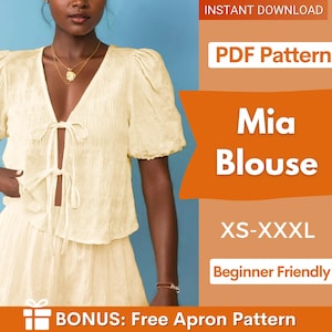 Blouse Sewing Pattern | Top Sewing Pattern | Women Sewing Pattern | Front Tie Top Pattern | Tie Top Blouse Pattern | Puff Sleeve Top Blouse