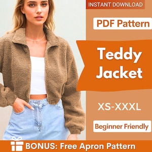 Patrón de chaqueta, Patrón de costura de chaqueta de mujer, Chaqueta corta, Chaqueta de peluche, Chaqueta con cremallera, Patrón de costura de chaqueta corta para mujer, Patrón para principiantes