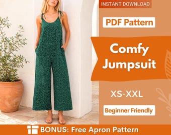 May include: A dark green jumpsuit with a white polka dot pattern, featuring thin tie-shoulder straps, a scoop neckline, and wide-leg trousers with side pockets. The text reads: INSTANT DOWNLOAD, PDF Pattern, Comfy Jumpsuit, XS-XXL, Beginner Friendly, BONUS: Free Apron Pattern.