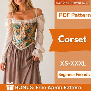 Pode incluir: Um espartilho floral com frente de cadarço, combinado com uma saia longa e mangas com ombros de fora. A imagem inclui o texto "Corset", "PDF Pattern", "XS-XXXL" e "Beginner Friendly". Um bônus de padrão de avental grátis também está incluído.