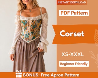 Könnte beinhalten: Ein floraler Korsett mit Schnürung, kombiniert mit einem langen Rock und schulterfreien Ärmeln. Das Bild enthält den Text "Corset", "PDF Pattern", "XS-XXXL" und "Beginner Friendly". Ein kostenloser Schürzen-Schnittmuster-Bonus ist ebenfalls enthalten.