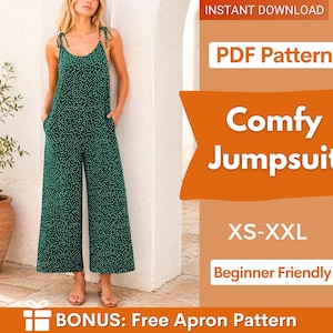 Peut inclure: Un combishort vert à pois blancs, avec un design à jambes larges et des bretelles à nouer. L'image comprend le texte "Comfy Jumpsuit" et "XS-XXL". Le patron est "Beginner Friendly" et comprend un patron de tablier gratuit en prime.