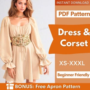 Patrón de costura de vestido vintage con cinturón de corsé, patrón de vestido cottagecore, patrón de cinturón de corsé, patrón de costura de vestido vintage, patrón de mujer