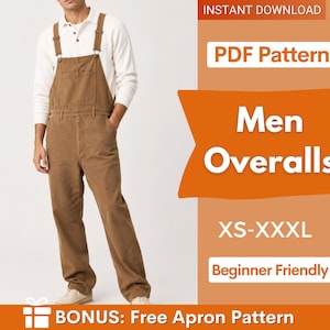 Könnte beinhalten: Braune Latzhose mit Brusttasche und verstellbaren Trägern, getragen über einem weißen Langarmshirt. Das Bild enthält den Text: INSTANT DOWNLOAD, PDF Pattern, Men Overalls, XS-XXXL, Beginner Friendly und BONUS: Free Apron Pattern.