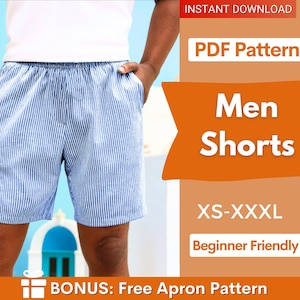 Puede incluir: Pantalones cortos con rayas verticales azules y blancas y cintura elástica. La imagen incluye el texto: INSTANT DOWNLOAD, PDF Pattern, Men Shorts, XS-XXXL, Beginner Friendly y BONUS: Free Apron Pattern. Los pantalones cortos se llevan con una camiseta blanca.