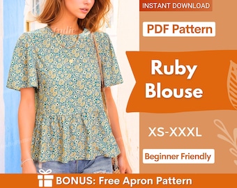 May include: A short-sleeved blouse with a teal, yellow, and white floral pattern, featuring a round neckline and a peplum waist. The text on the image reads: INSTANT DOWNLOAD, PDF Pattern, Ruby Blouse, XS-XXXL, Beginner Friendly, BONUS: Free Apron Pattern.