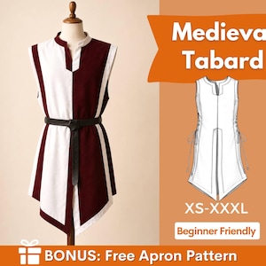 May include: A sleeveless tabard featuring a vertical colour-blocked design in maroon and white, worn with a black belt. The image includes a technical line drawing of the garment, the text Medieval Tabard, XS-XXXL, Beginner Friendly, and BONUS: Free Apron Pattern.