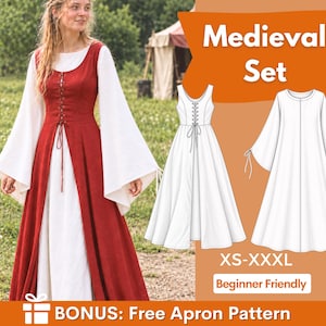 Könnte beinhalten: Ein Schnittmuster für ein mittelalterliches Set mit einem langen roten Überkleid mit Schnürung vorne und einem weißen Unterkleid mit weiten Ärmeln. Das Bild enthält technische Zeichnungen, den Text Medieval Set, XS-XXXL und BONUS: Free Apron Pattern.