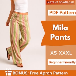 May include: Green and pink striped Mila pants. The pants are wide-legged and have a drawstring waist. The image also includes text that says "PDF Pattern", "Mila Pants", "XS-XXXL", and "Beginner Friendly".